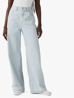 New LEVIS CHINCH BAGGY CARPENTER Wide Striped High-Waist Pants JEANS Blue White